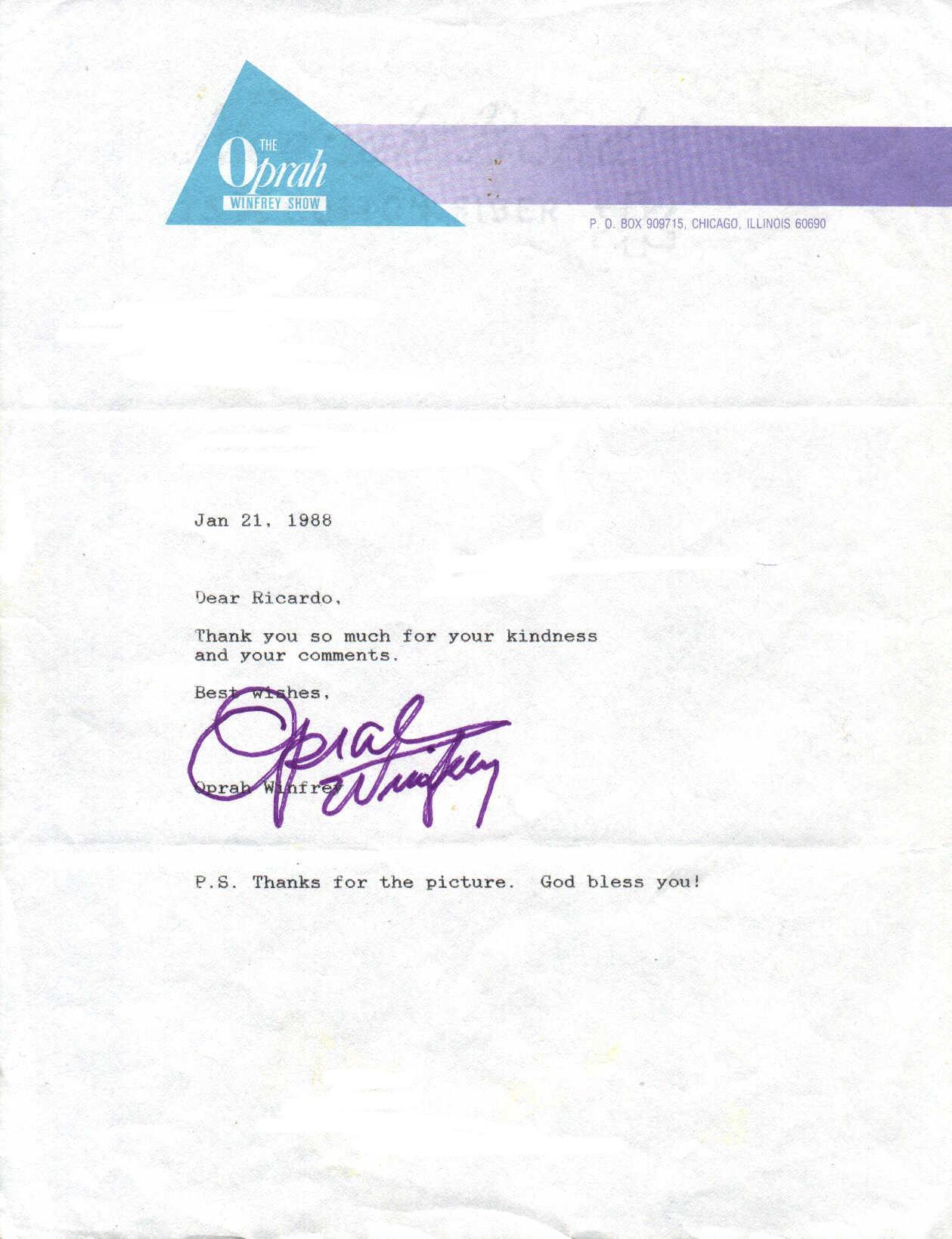 Ricky's Letter From Oprah